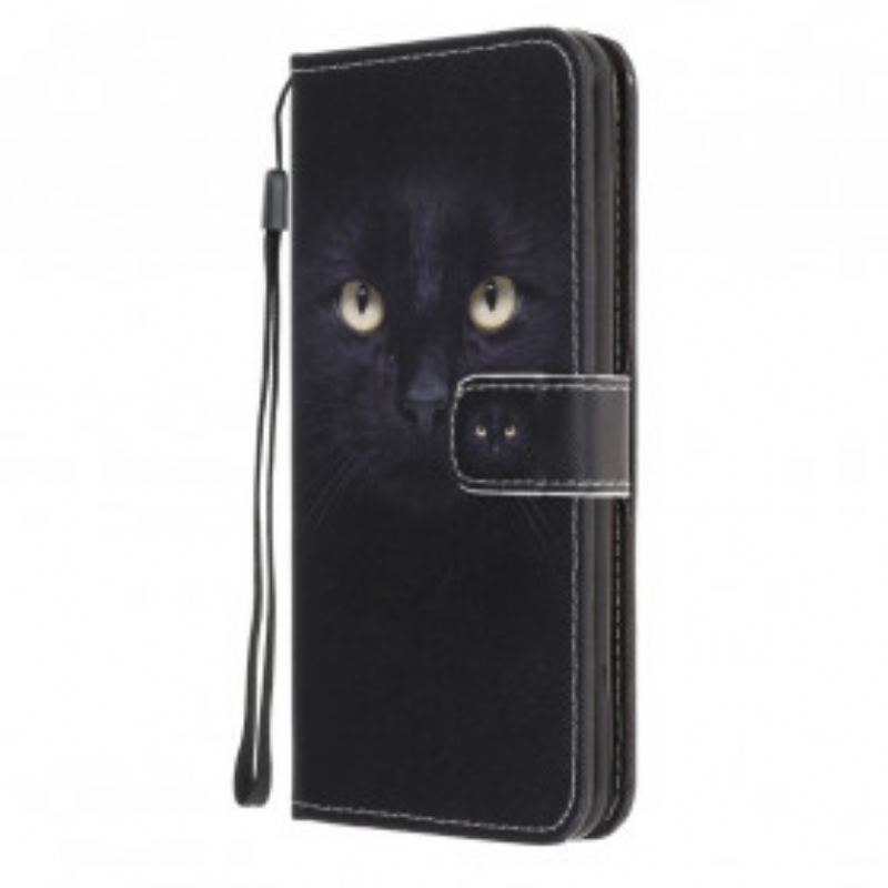 Capa De Couro Para Samsung Galaxy A22 5G De Cordão Olhos De Gato Preto Com Tiras