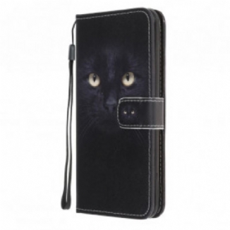 Capa De Couro Para Samsung Galaxy A22 5G De Cordão Olhos De Gato Preto Com Tiras