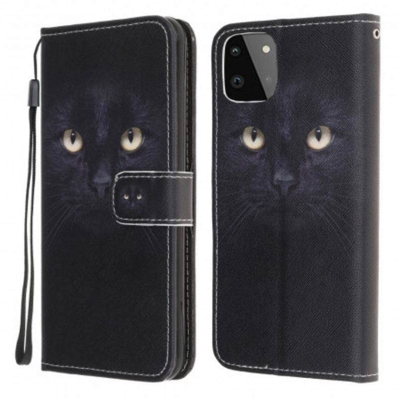 Capa De Couro Para Samsung Galaxy A22 5G De Cordão Olhos De Gato Preto Com Tiras