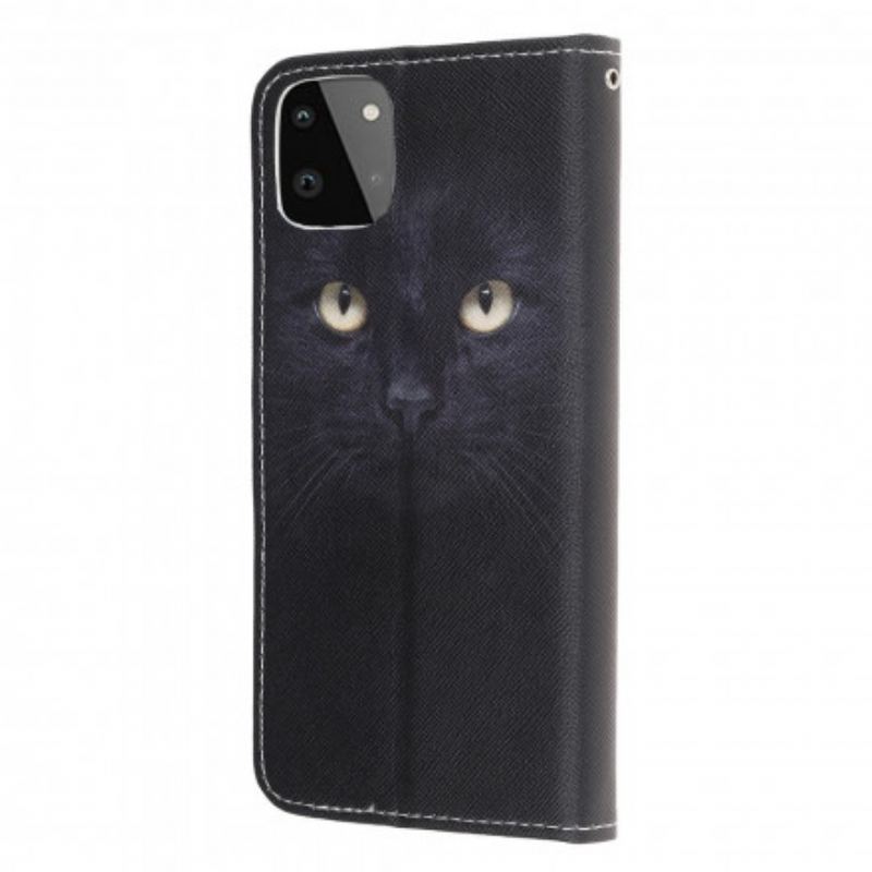 Capa De Couro Para Samsung Galaxy A22 5G De Cordão Olhos De Gato Preto Com Tiras