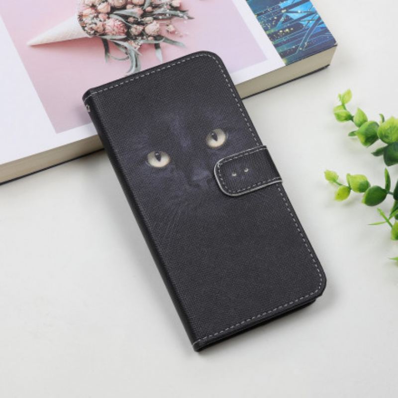 Capa De Couro Para Samsung Galaxy A22 5G De Cordão Olhos De Gato Preto Com Tiras