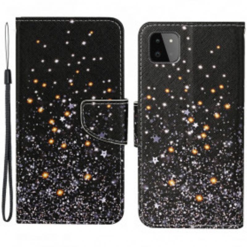 Capa De Couro Para Samsung Galaxy A22 5G Estrelas E Lantejoulas Com Cordão