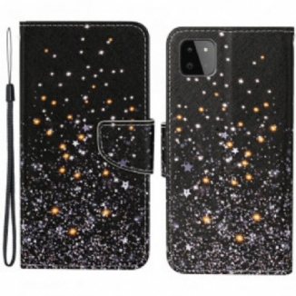 Capa De Couro Para Samsung Galaxy A22 5G Estrelas E Lantejoulas Com Cordão