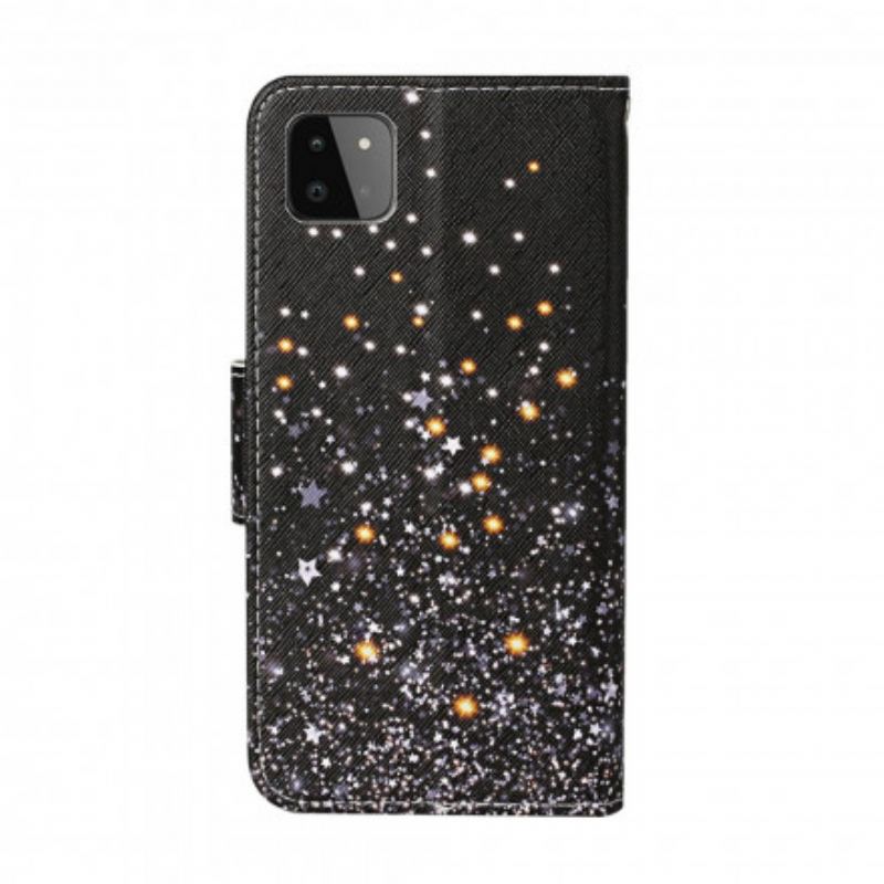 Capa De Couro Para Samsung Galaxy A22 5G Estrelas E Lantejoulas Com Cordão