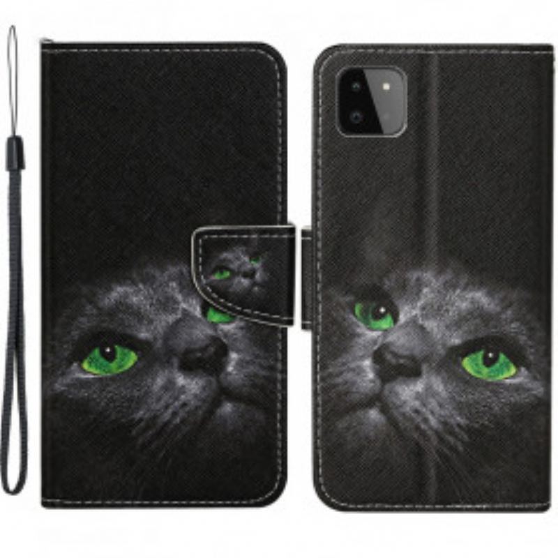 Capa De Couro Para Samsung Galaxy A22 5G Gato De Olhos Verdes Com Cordão