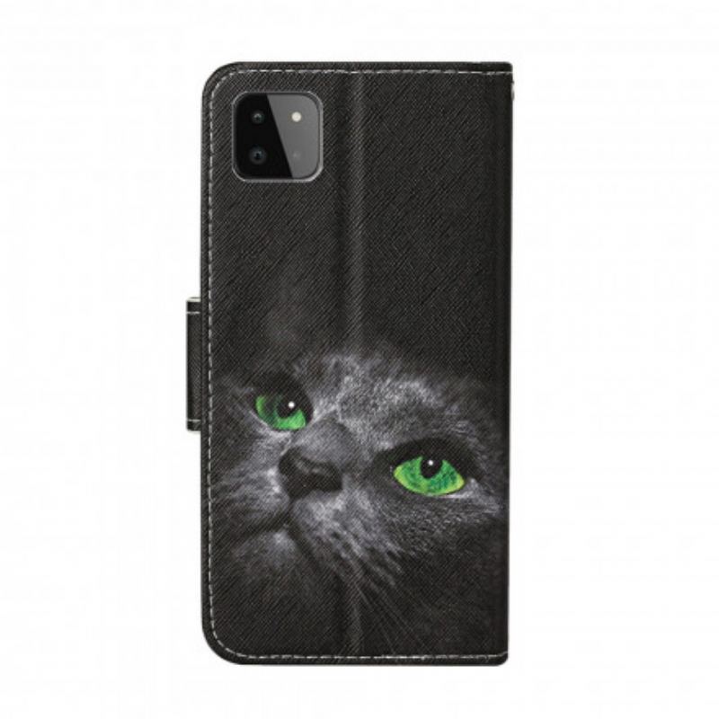 Capa De Couro Para Samsung Galaxy A22 5G Gato De Olhos Verdes Com Cordão