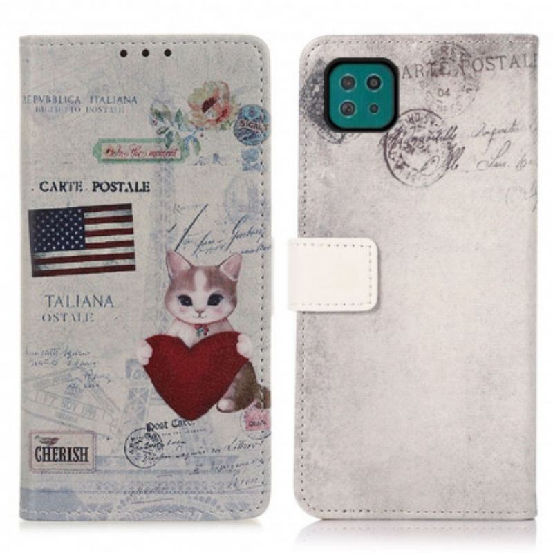 Capa De Couro Para Samsung Galaxy A22 5G Gato Viajante