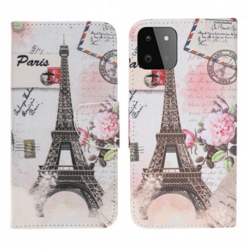 Capa De Couro Para Samsung Galaxy A22 5G Torre Eiffel Retrô