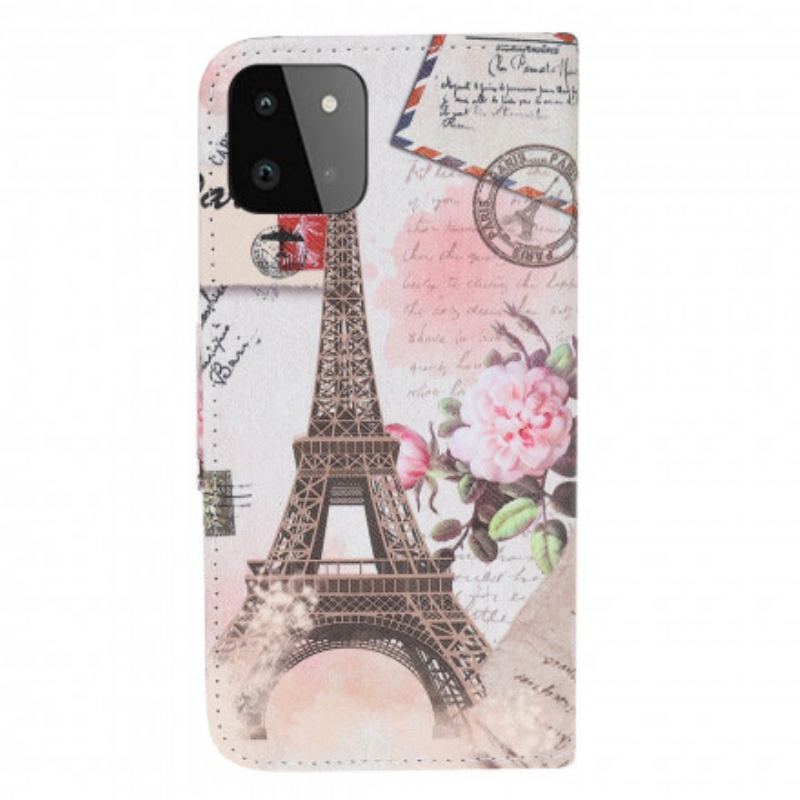 Capa De Couro Para Samsung Galaxy A22 5G Torre Eiffel Retrô