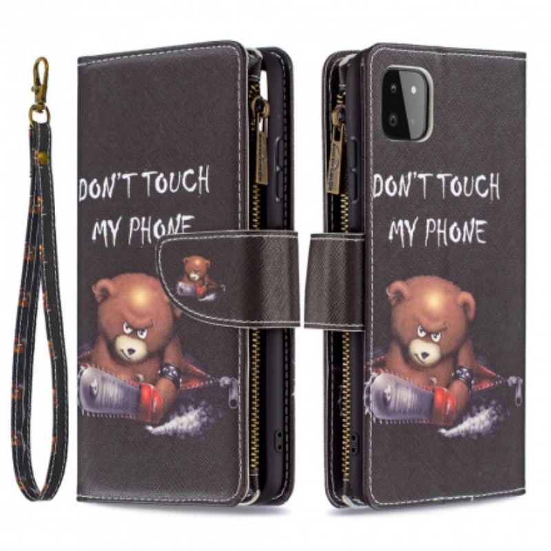 Capa De Couro Para Samsung Galaxy A22 5G Urso De Bolso Com Zíper