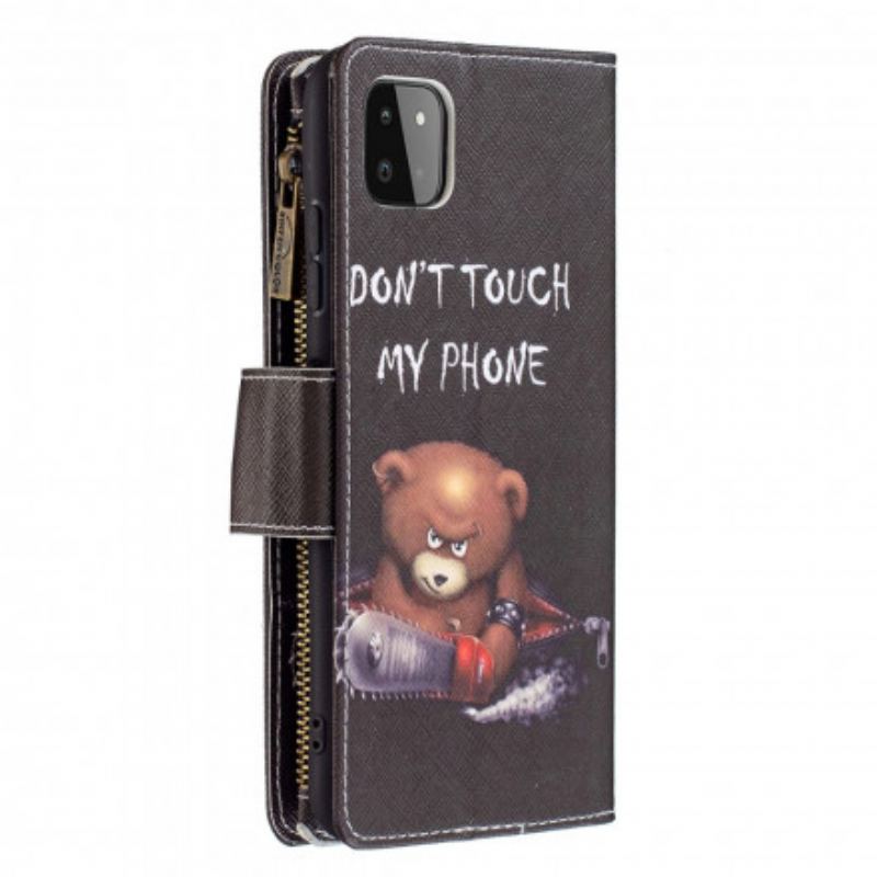 Capa De Couro Para Samsung Galaxy A22 5G Urso De Bolso Com Zíper