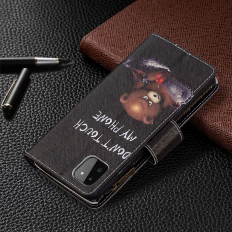 Capa De Couro Para Samsung Galaxy A22 5G Urso De Bolso Com Zíper