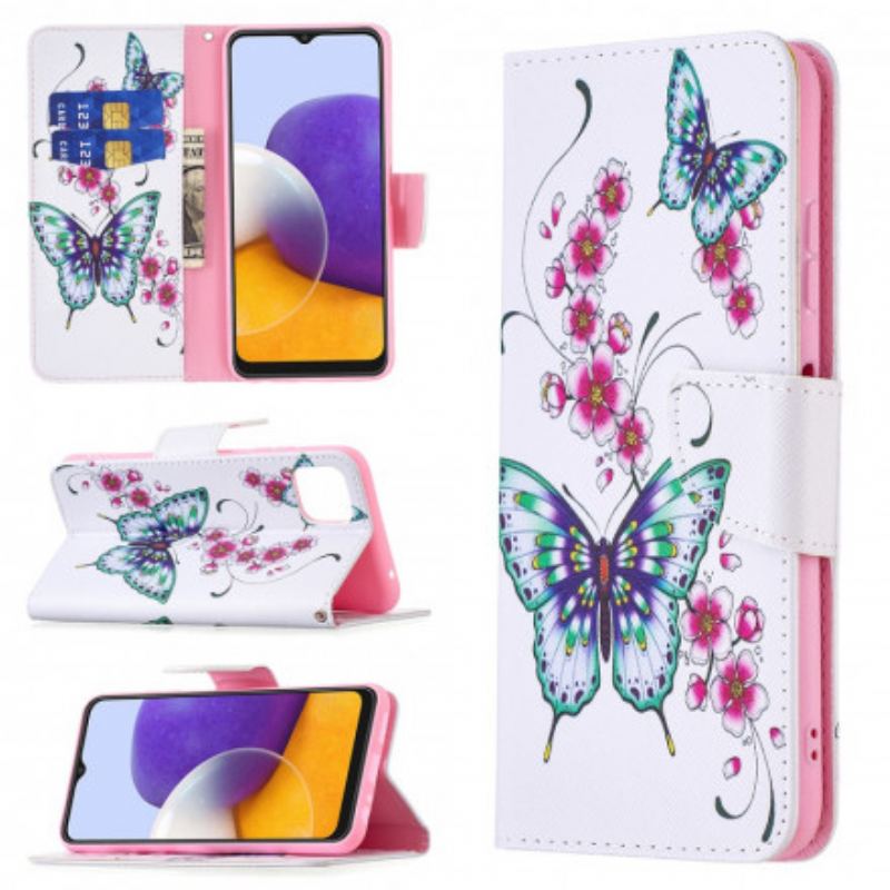 Capa Em Pele Para Samsung Galaxy A22 5G Aquarela Borboletas