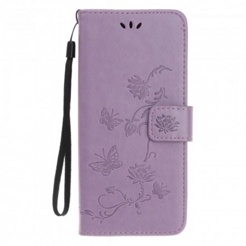 Capa Em Pele Para Samsung Galaxy A22 5G De Cordão Pulseira Borboletas E Flores