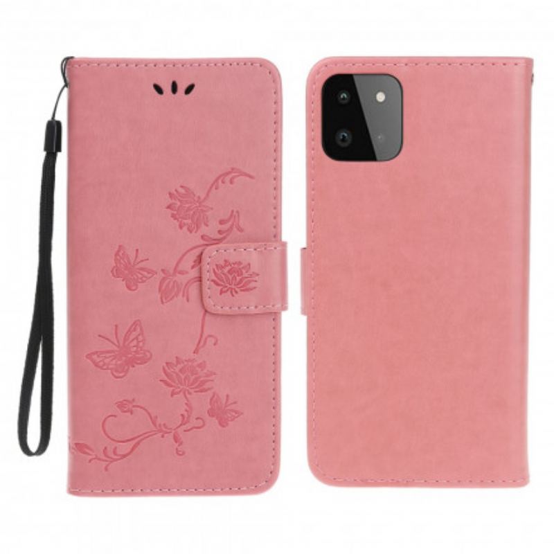 Capa Em Pele Para Samsung Galaxy A22 5G De Cordão Pulseira Borboletas E Flores