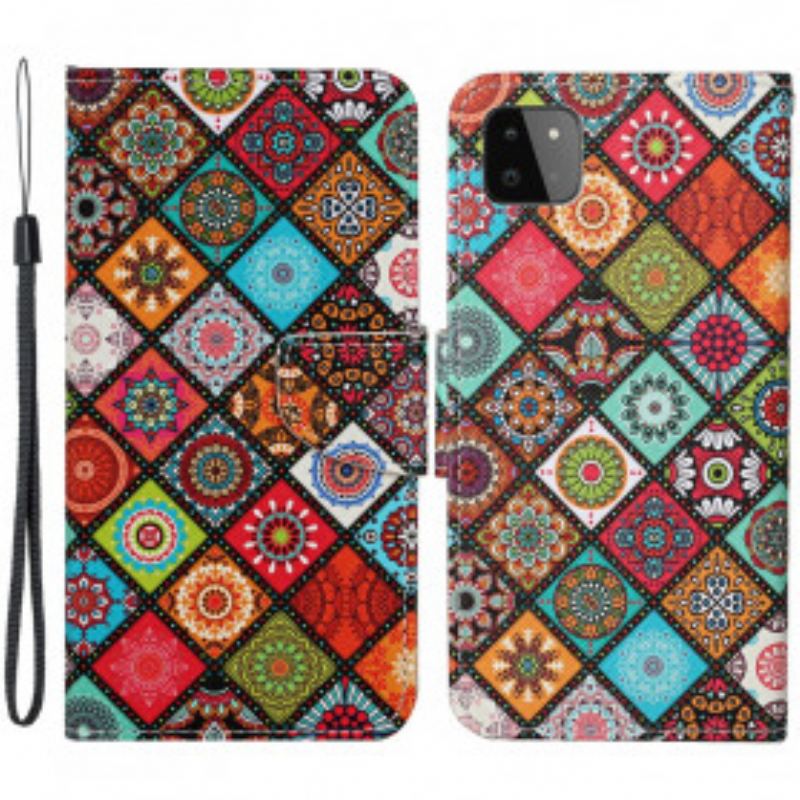 Capa Em Pele Para Samsung Galaxy A22 5G Mandalas De Patchwork Com Cordão