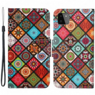 Capa Em Pele Para Samsung Galaxy A22 5G Mandalas De Patchwork Com Cordão