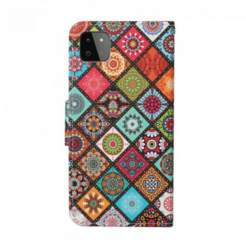 Capa Em Pele Para Samsung Galaxy A22 5G Mandalas De Patchwork Com Cordão