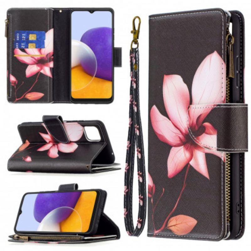 Capa Flip Para Samsung Galaxy A22 5G Bolso Com Zíper Flor