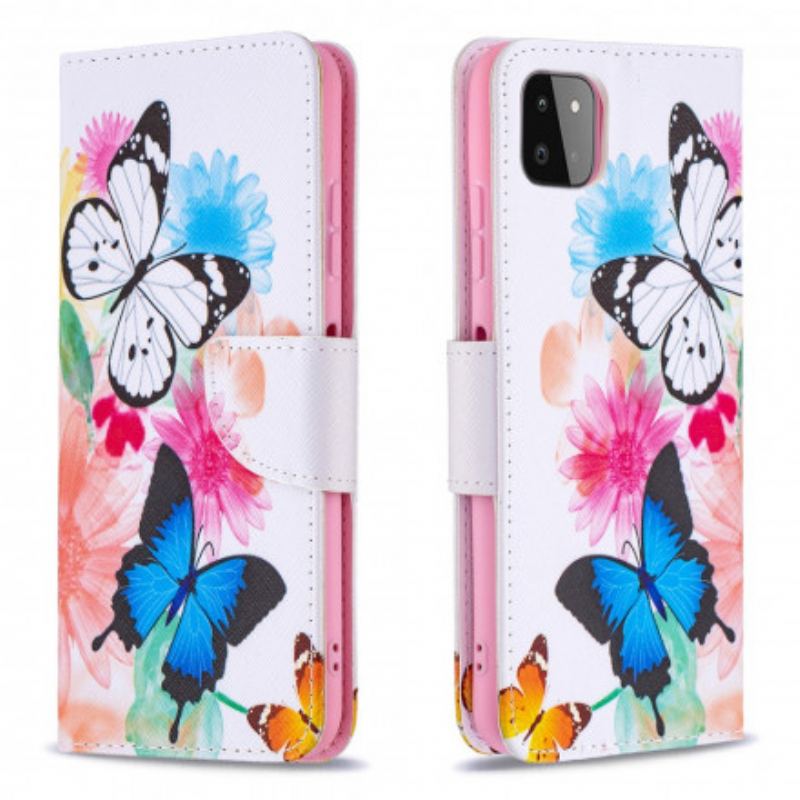 Capa Flip Para Samsung Galaxy A22 5G Borboletas E Flores Pintadas