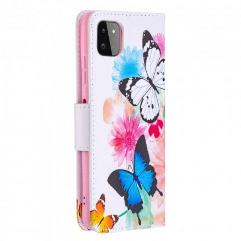 Capa Flip Para Samsung Galaxy A22 5G Borboletas E Flores Pintadas