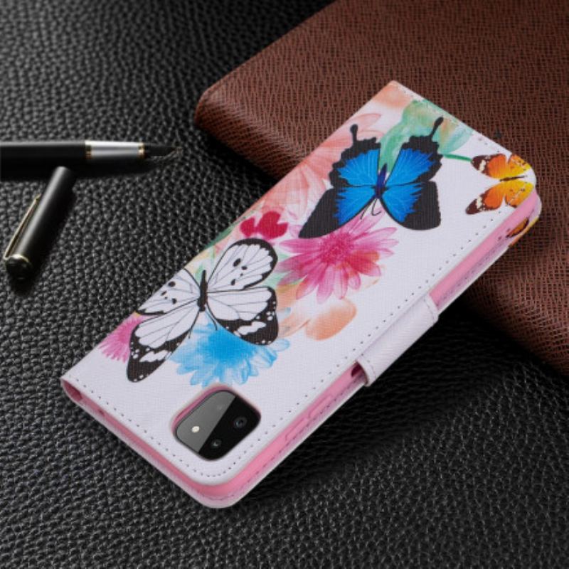 Capa Flip Para Samsung Galaxy A22 5G Borboletas E Flores Pintadas