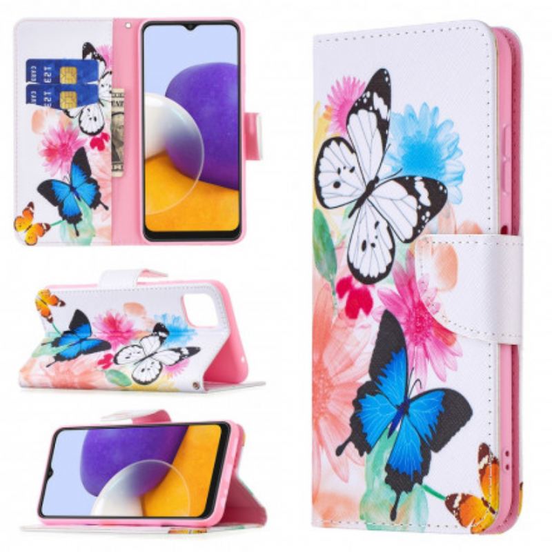 Capa Flip Para Samsung Galaxy A22 5G Borboletas E Flores Pintadas