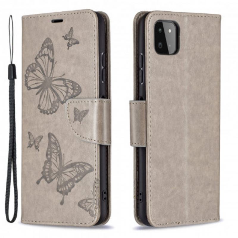 Capa Flip Para Samsung Galaxy A22 5G Borboletas Voando Com Cordão