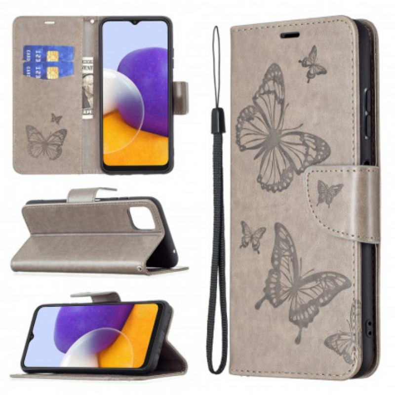 Capa Flip Para Samsung Galaxy A22 5G Borboletas Voando Com Cordão