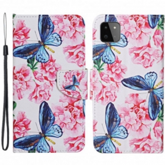 Capa Flip Para Samsung Galaxy A22 5G Cordão Floral Borboletas