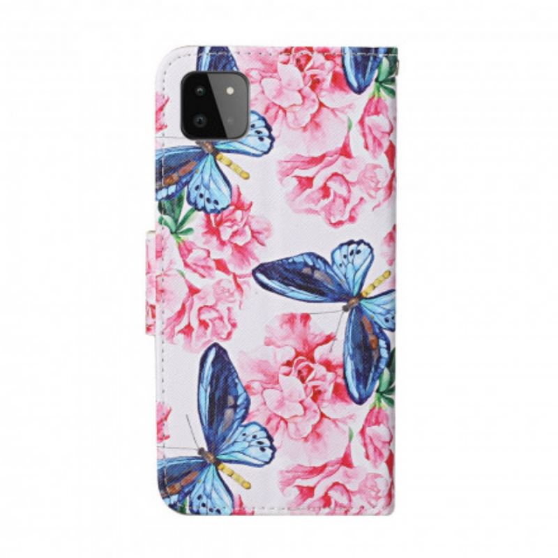 Capa Flip Para Samsung Galaxy A22 5G Cordão Floral Borboletas