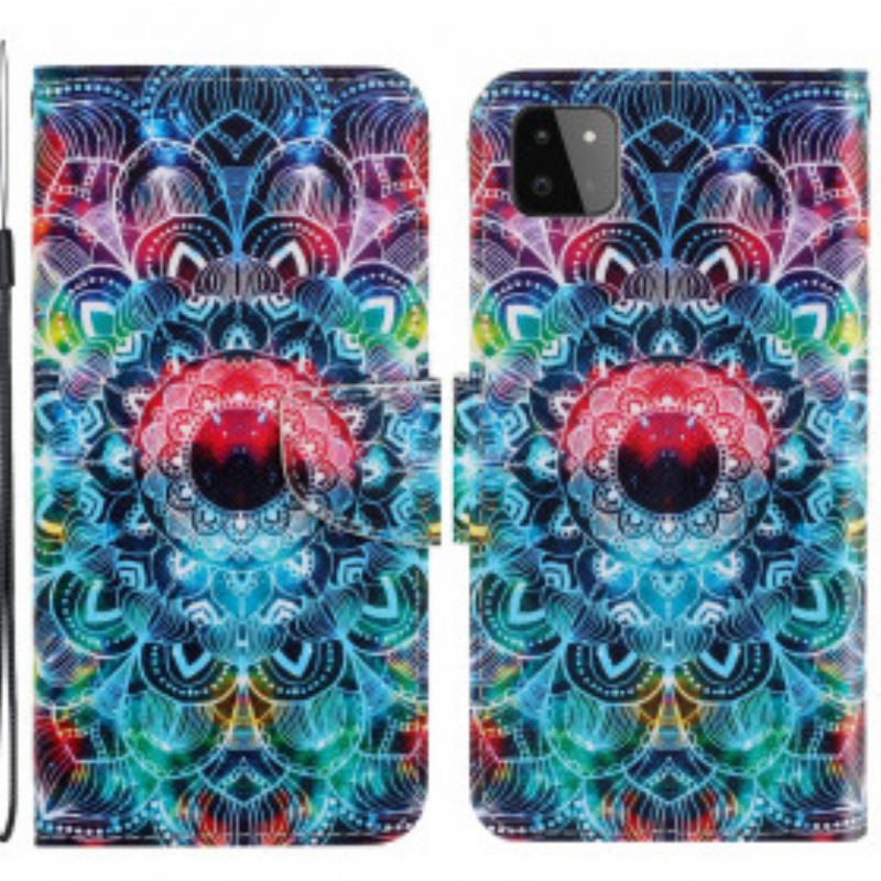 Capa Flip Para Samsung Galaxy A22 5G De Cordão Mandala De Tiras Chamativas