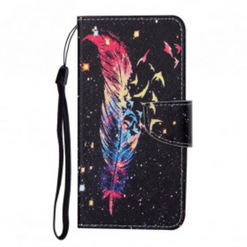 Capa Flip Para Samsung Galaxy A22 5G De Cordão Pena Colorida Com Alça