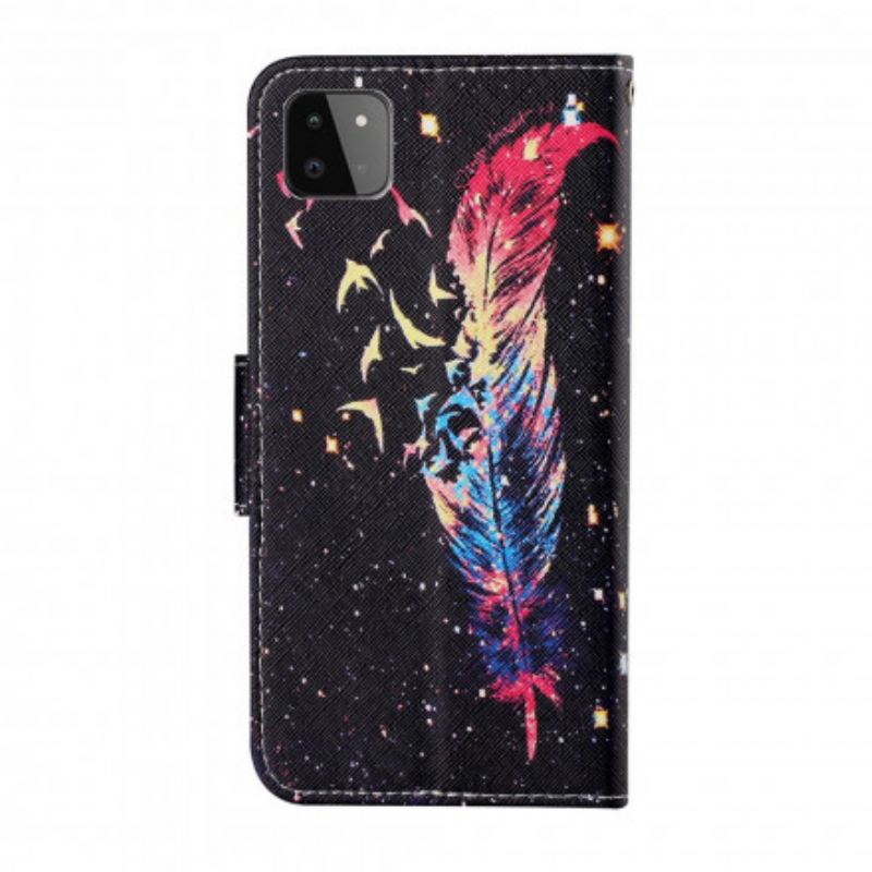 Capa Flip Para Samsung Galaxy A22 5G De Cordão Pena Colorida Com Alça