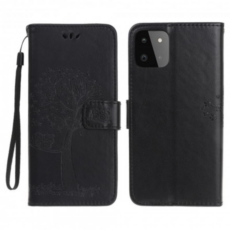 Capa Flip Para Samsung Galaxy A22 5G De Cordão Tanga E Corujas