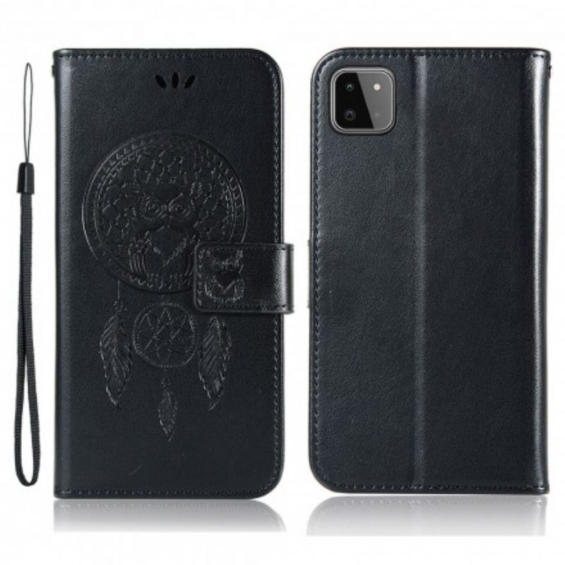 Capa Flip Para Samsung Galaxy A22 5G Coruja Apanhador De Sonhos Efeito Couro