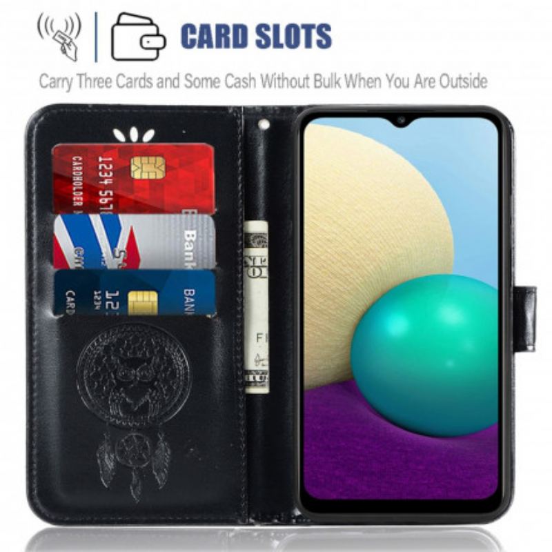 Capa Flip Para Samsung Galaxy A22 5G Coruja Apanhador De Sonhos Efeito Couro