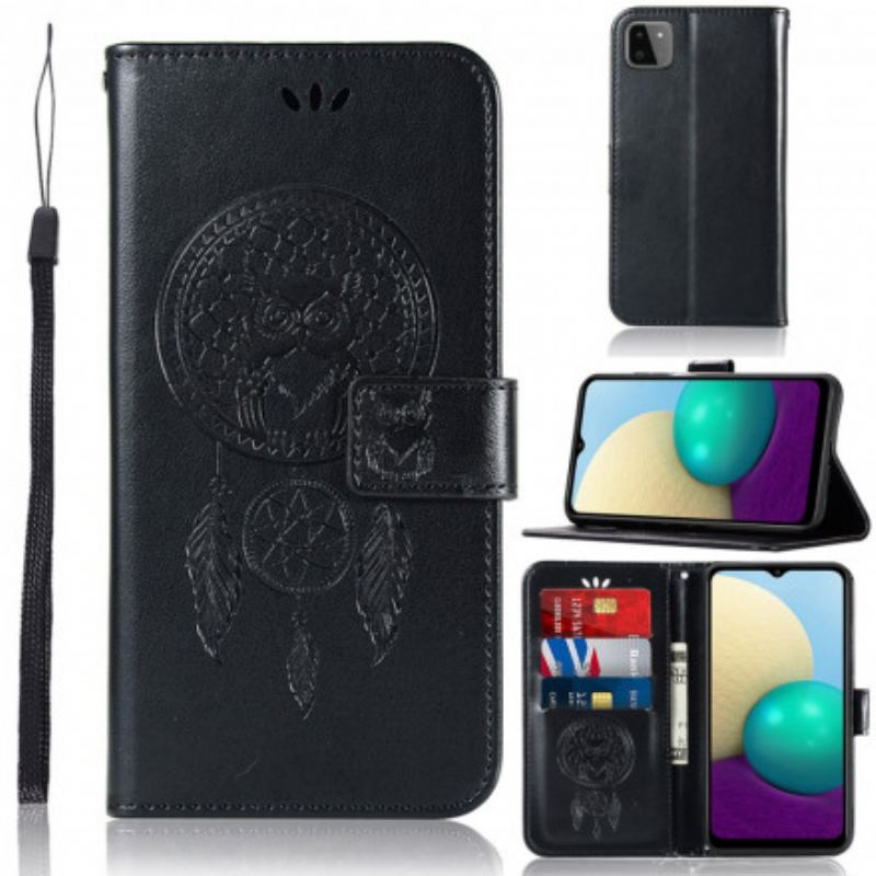 Capa Flip Para Samsung Galaxy A22 5G Coruja Apanhador De Sonhos Efeito Couro