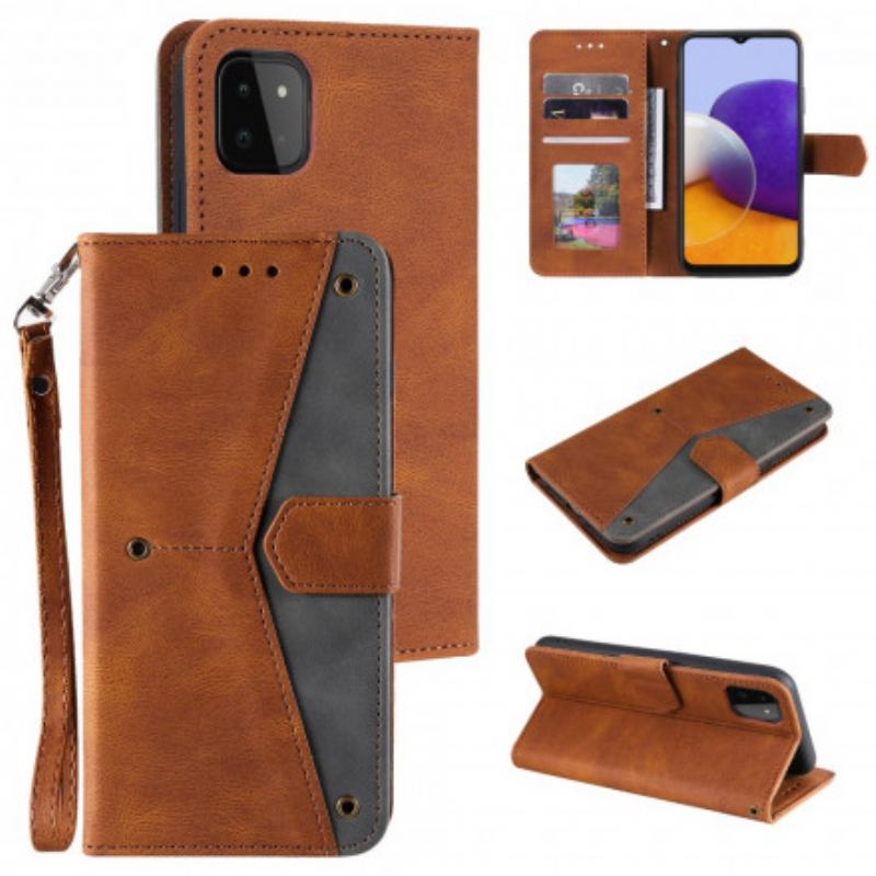 Capa Flip Para Samsung Galaxy A22 5G Costuras Com Toque De Pele