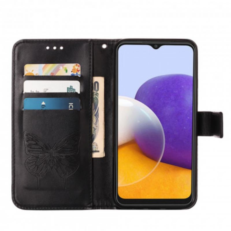 Capa Flip Para Samsung Galaxy A22 5G Design De Borboleta Com Cordão