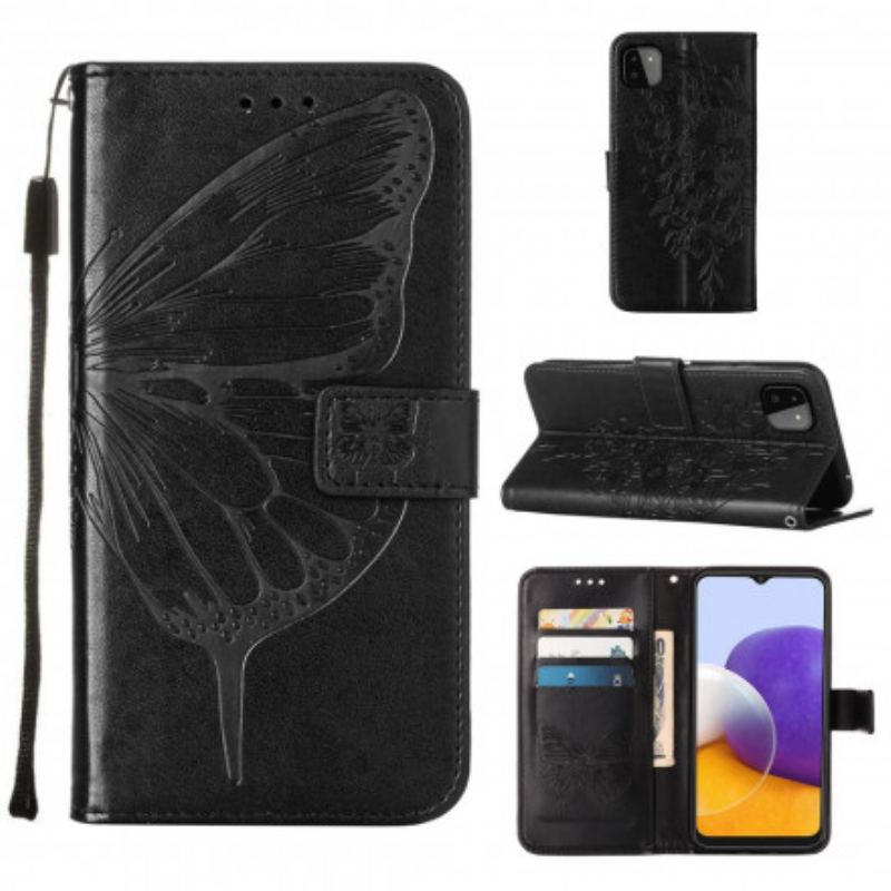 Capa Flip Para Samsung Galaxy A22 5G Design De Borboleta Com Cordão