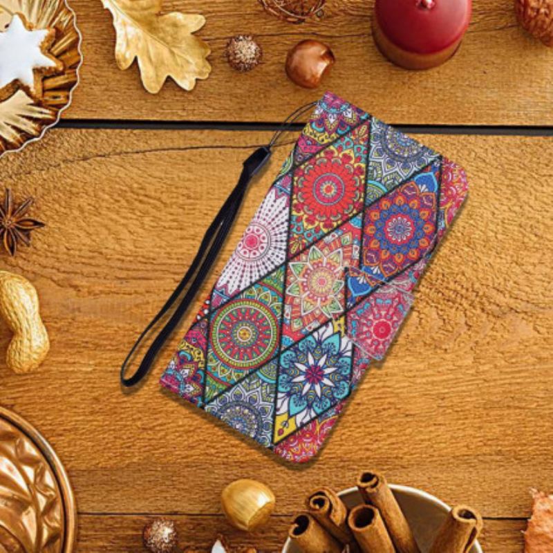 Capa Flip Para Samsung Galaxy A22 5G Patchwork Com Cordão