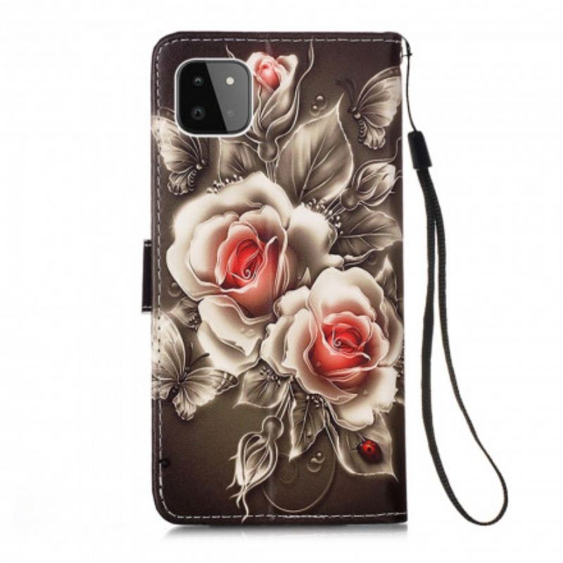 Capa Flip Para Samsung Galaxy A22 5G Rosas Douradas