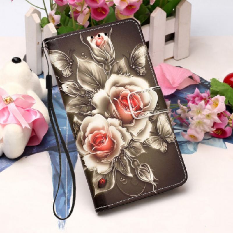 Capa Flip Para Samsung Galaxy A22 5G Rosas Douradas