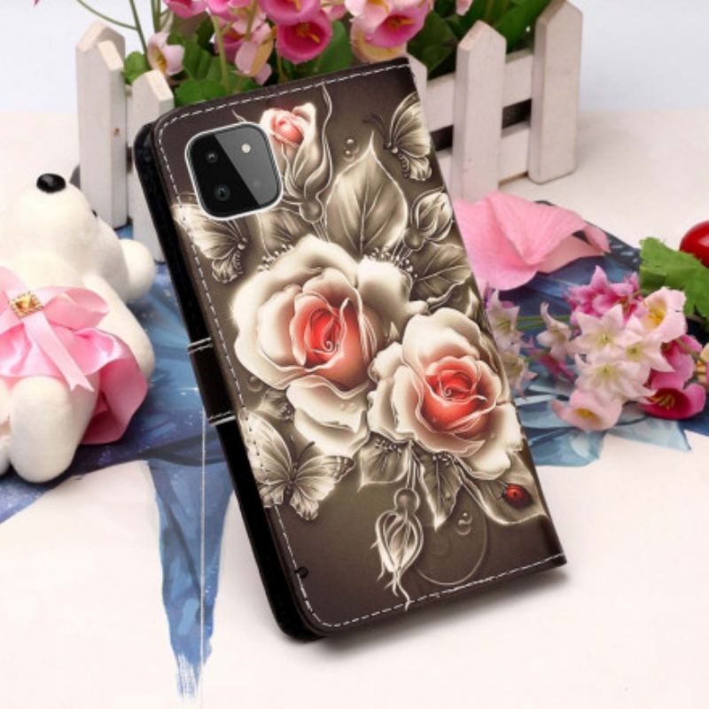 Capa Flip Para Samsung Galaxy A22 5G Rosas Douradas