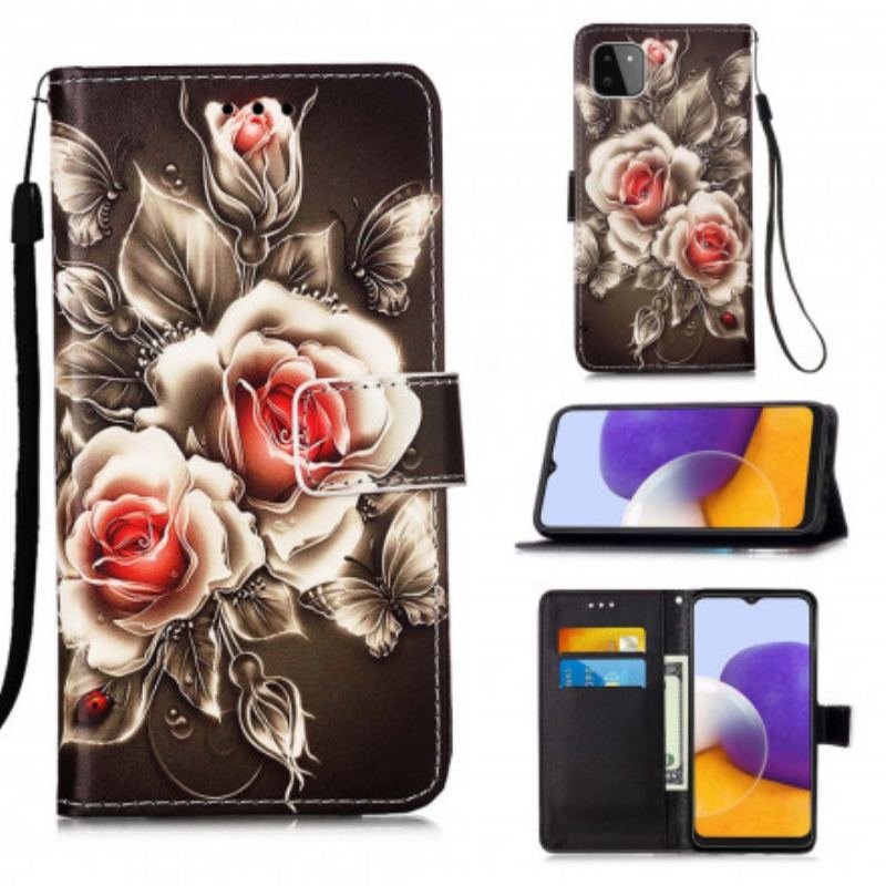 Capa Flip Para Samsung Galaxy A22 5G Rosas Douradas