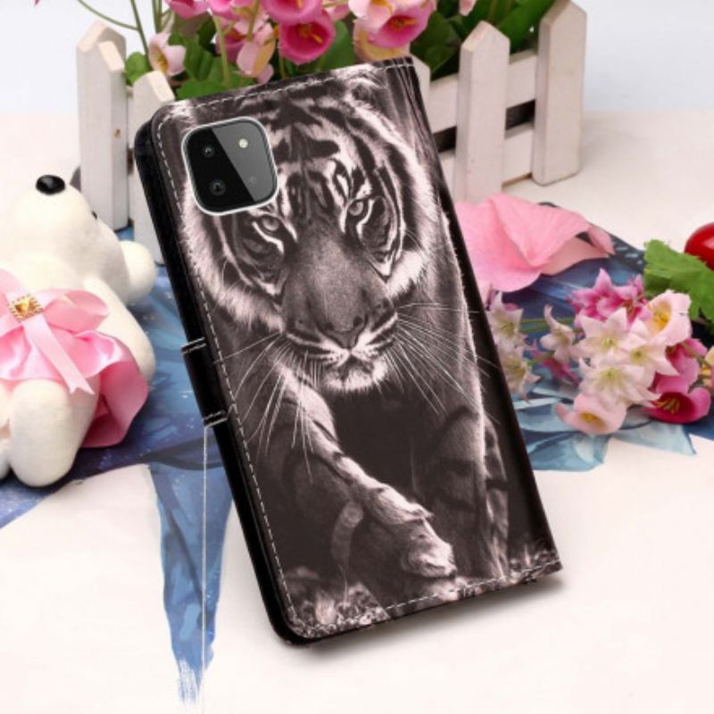 Capa Flip Para Samsung Galaxy A22 5G Tigre Da Noite