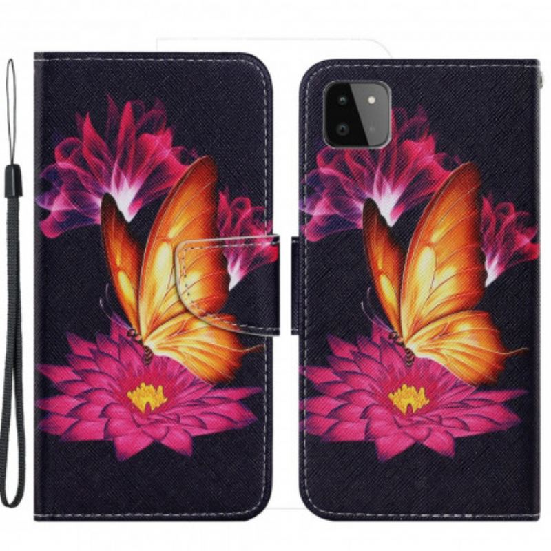 Capa Folio Para Samsung Galaxy A22 5G Borboleta E Lótus