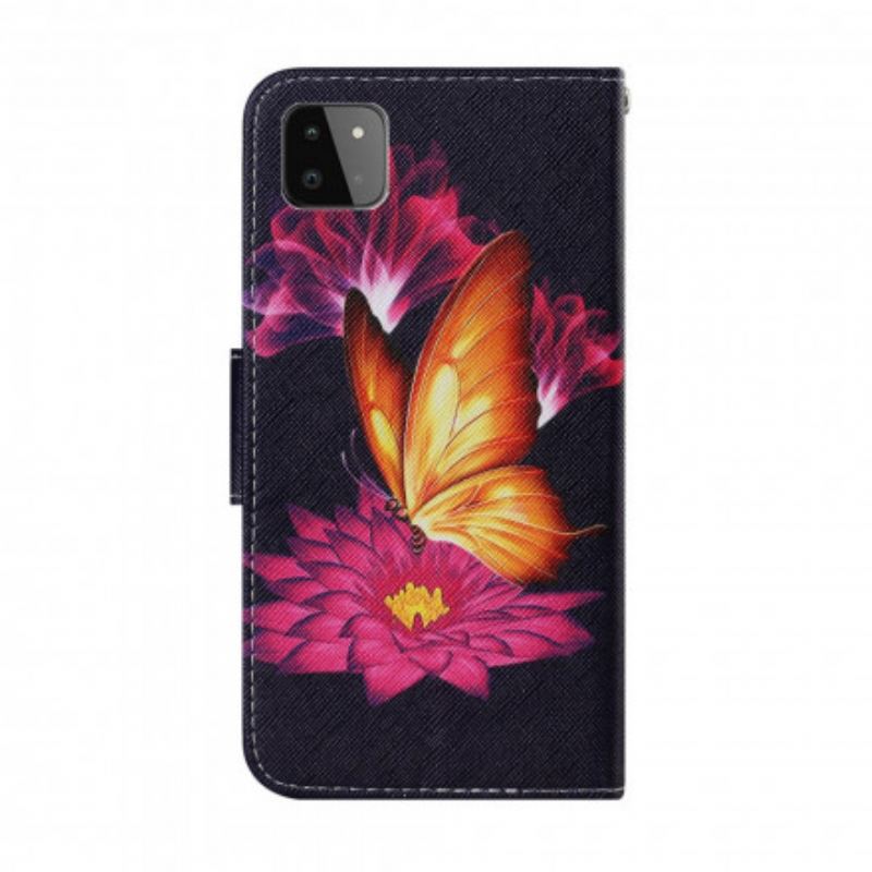 Capa Folio Para Samsung Galaxy A22 5G Borboleta E Lótus