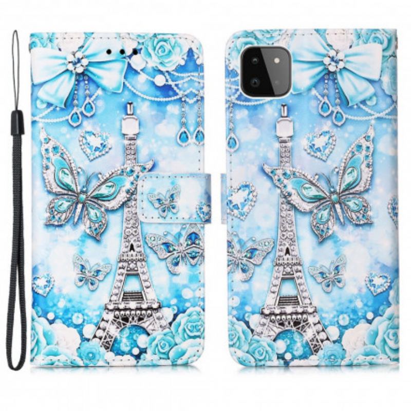 Capa Folio Para Samsung Galaxy A22 5G De Cordão Correia Borboleta Torre Eiffel